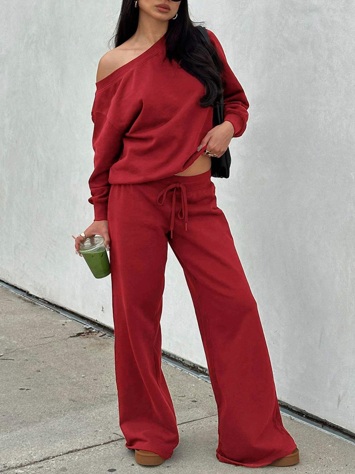 Women's Casual Off-Shoulder Lounge Set with Wide Legs and Drawstring