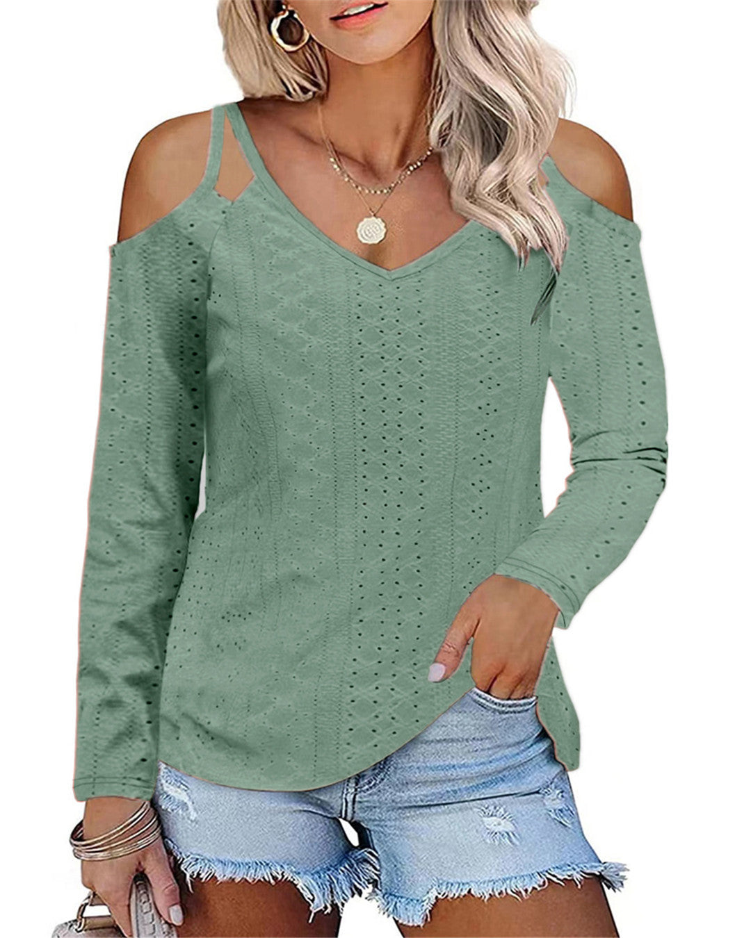 Women's Elegant Shirt with Cut-Out Shoulders and V-Neck