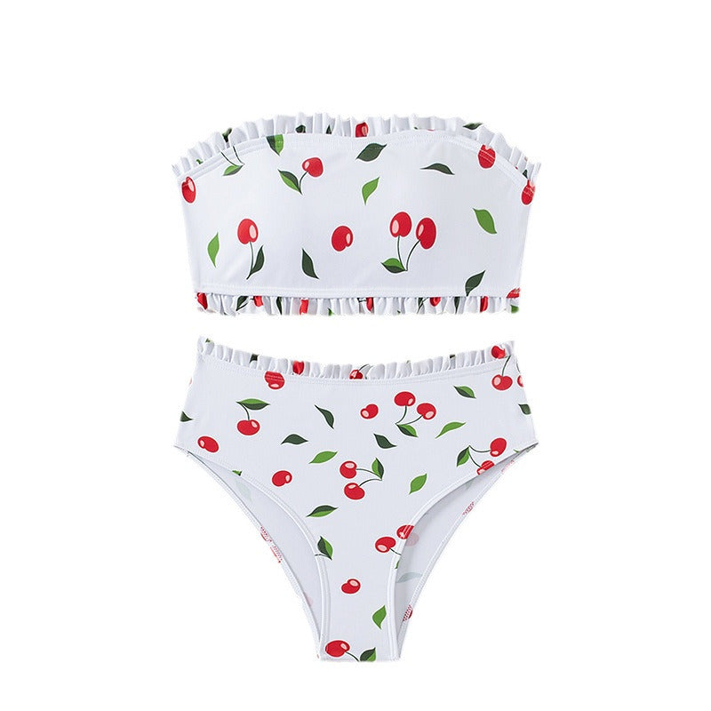 Women's Bandeau Bikini with Cherry Pattern and Ruffle