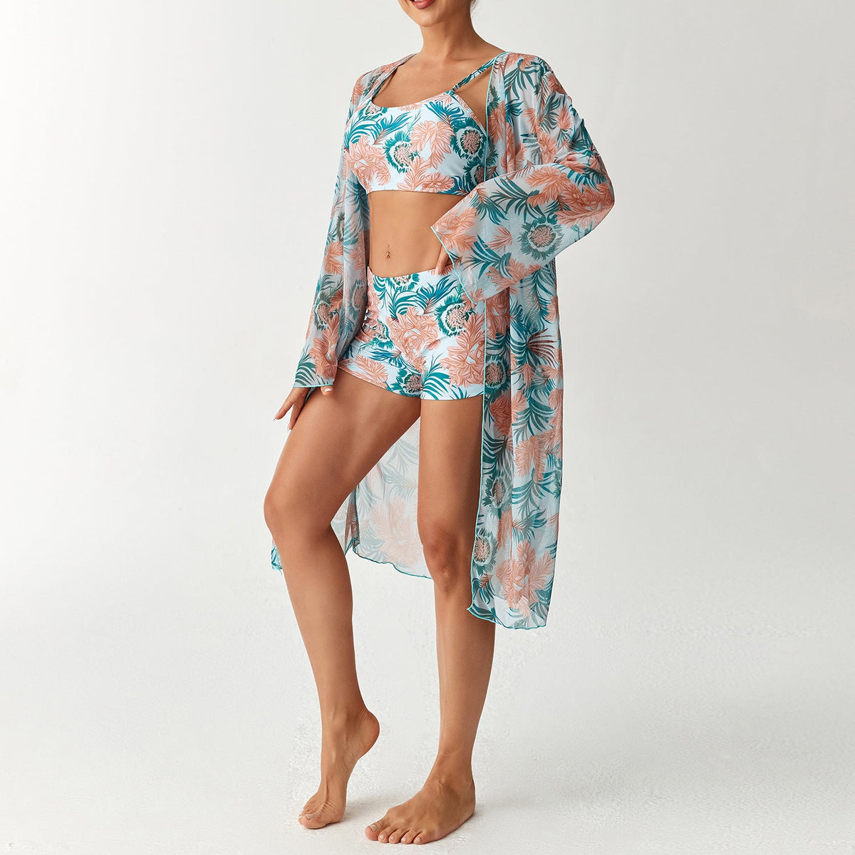 Women's Swim Set with Floral Top and Sheer Beach Cover-Up