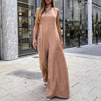 Women's Airy Maxi Jumpsuit with Decorative Pleats and Side Pockets