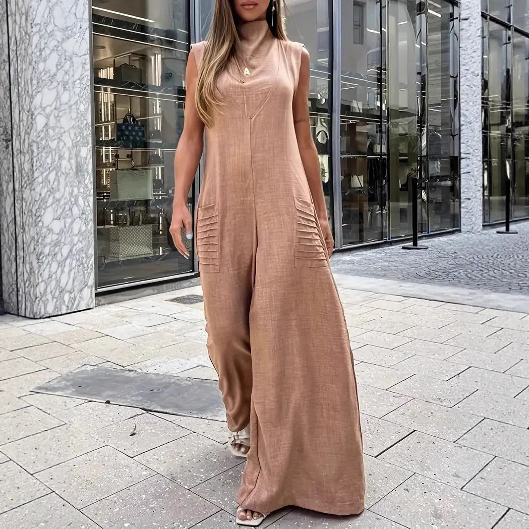 Women's Airy Maxi Jumpsuit with Decorative Pleats and Side Pockets
