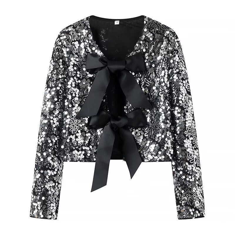 Women's Elegant Lurex Party Jacket with Ruffles and Bows