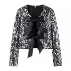Women's Elegant Lurex Party Jacket with Ruffles and Bows