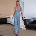 Women's Glittering Jumpsuit with Deep V-Neck and Wide Leg