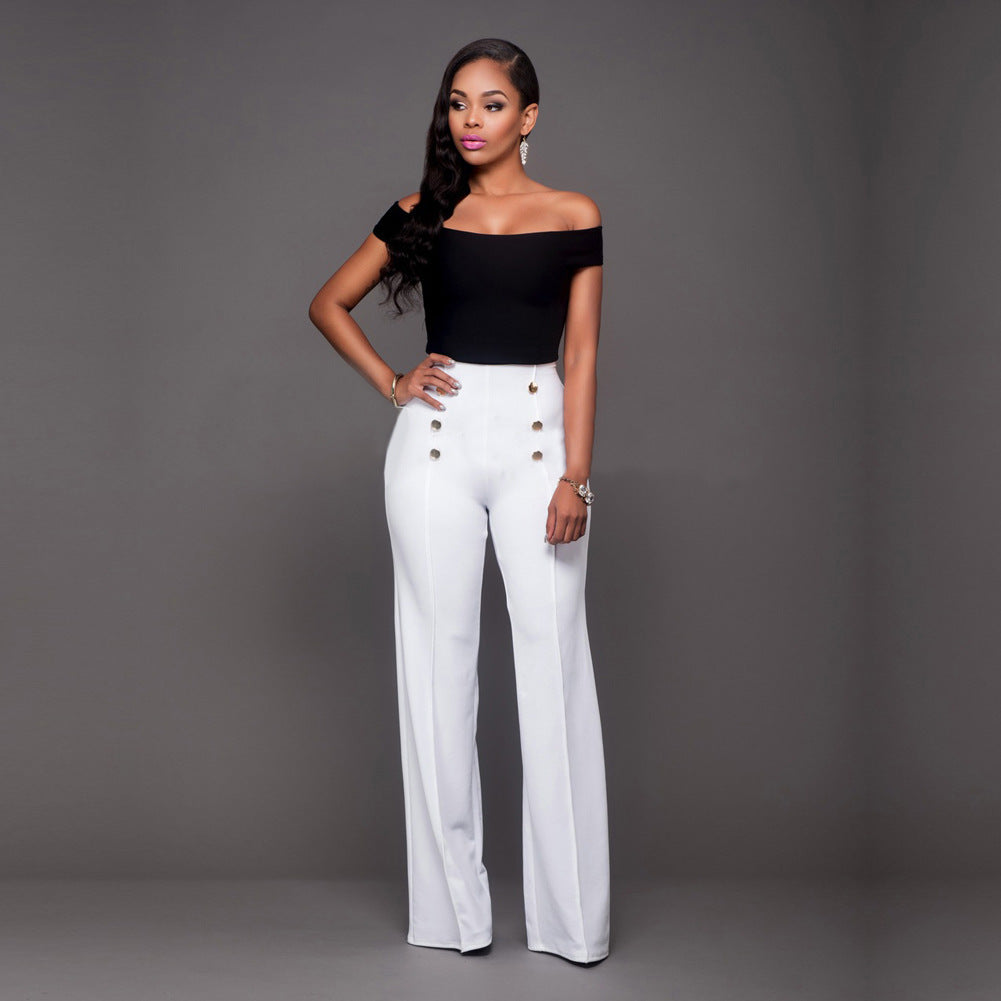 Women's High-Waisted Palazzo Pants with Decorative Buttons