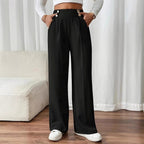 Elegant Palazzo Pants with Slim Waistband and Decorative Buttons