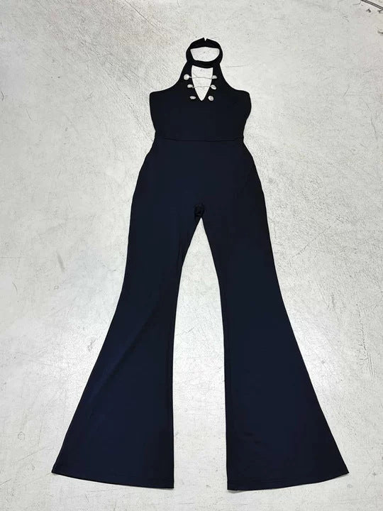 Women's Flowy Jumpsuit with High Neck and Decorative Buttons