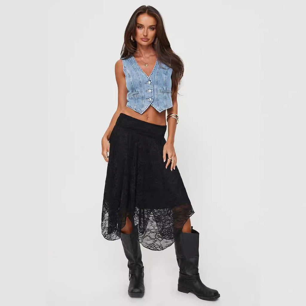 Women's Modern Lace Midi Skirt with Asymmetrical Hem