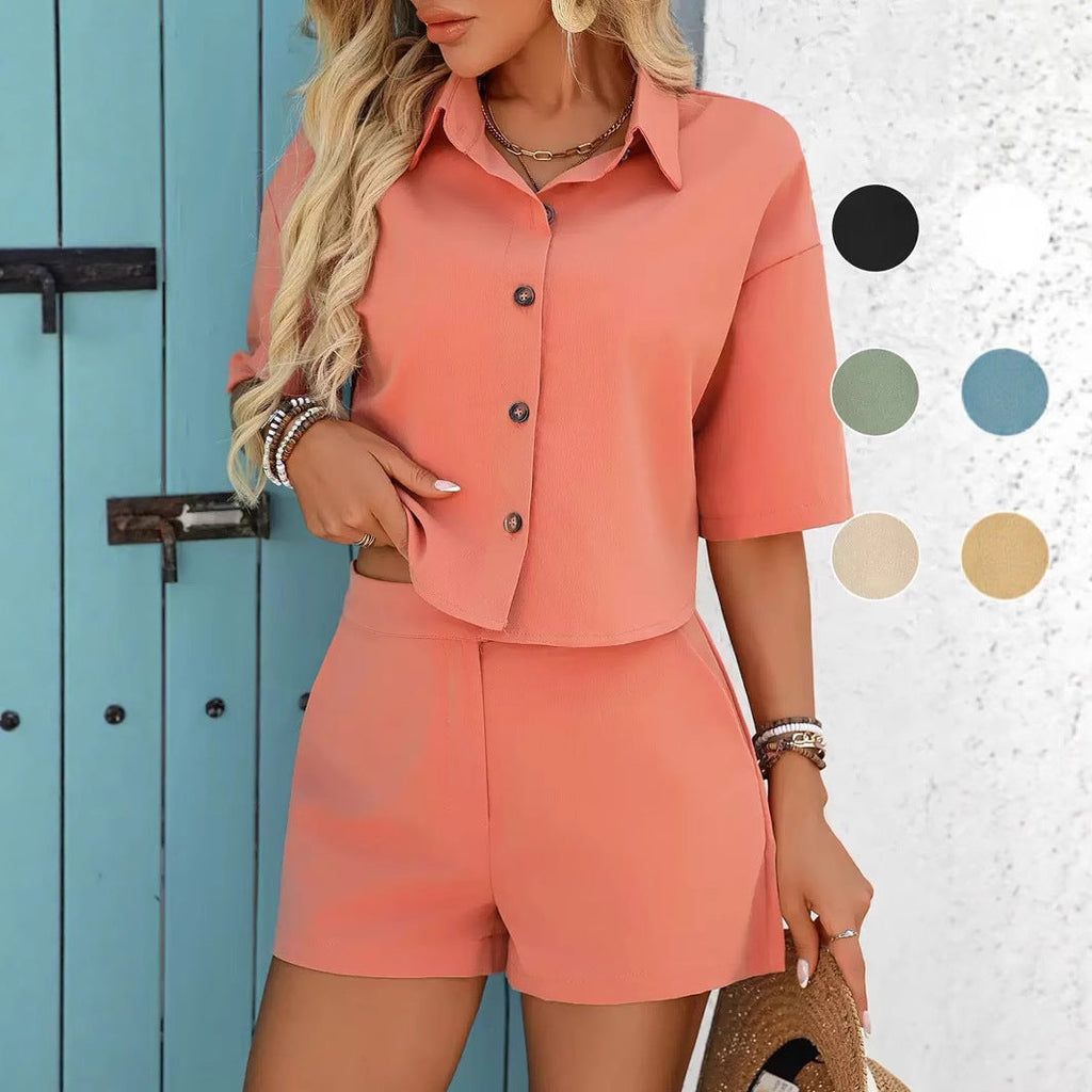 Women's Casual Short-Sleeve Shirt and Shorts Set
