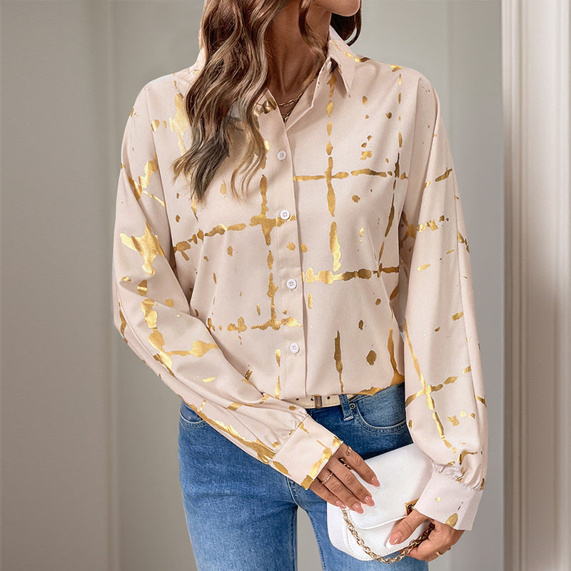 Elegant Long-Sleeve Blouse with Gold Foil Print
