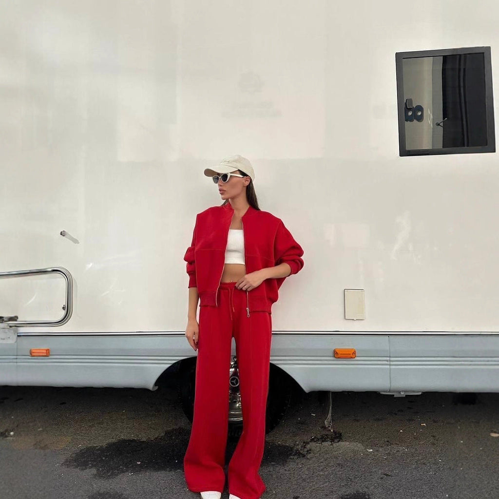 Women's Cozy Leisure Set with Zipper and Wide-Leg Pants