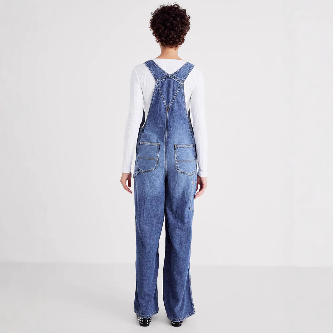 Women's Wide-Leg Denim Overalls with Adjustable Straps