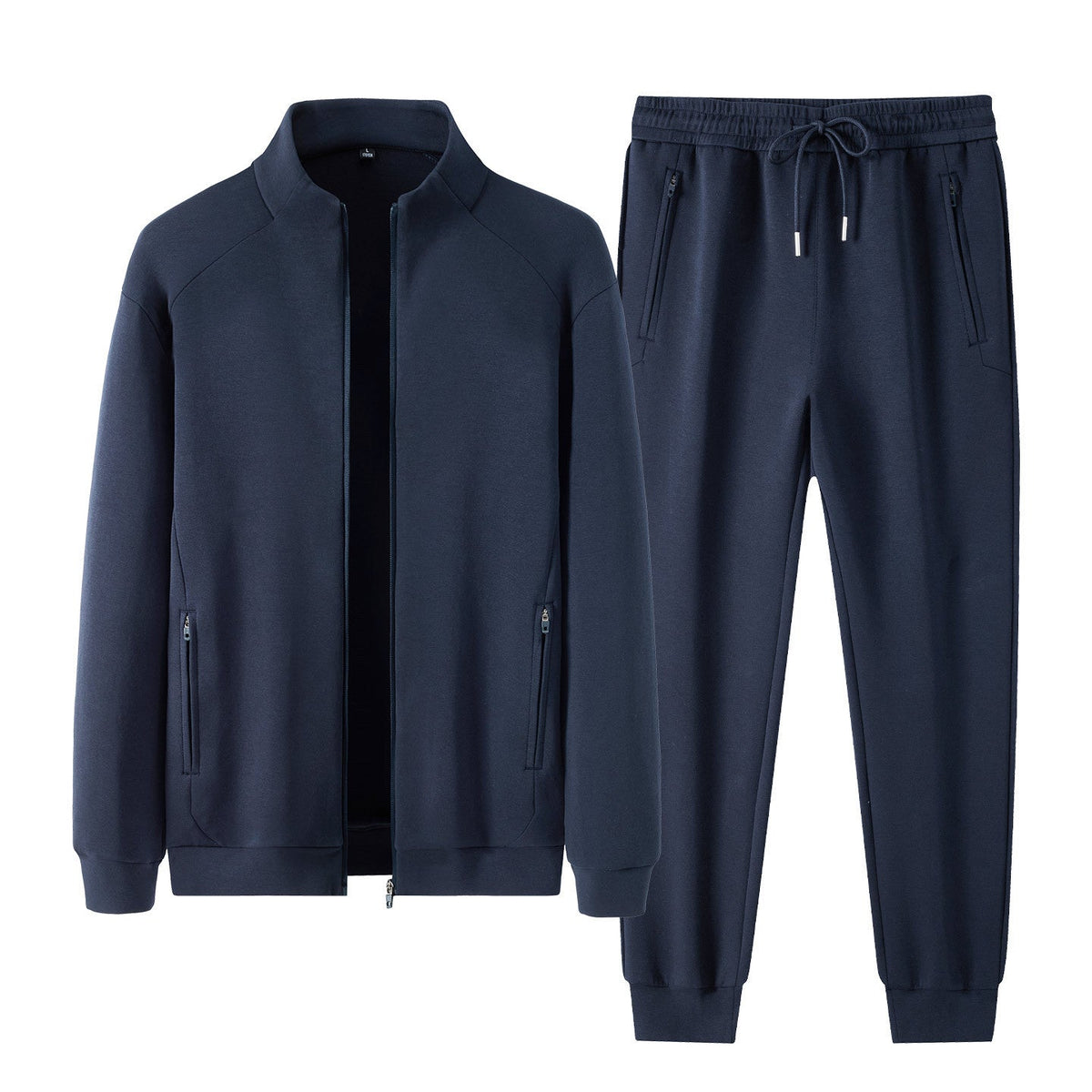 Men's two-piece minimalist jogging set with stand-up collar, two-way zipper & zip pockets