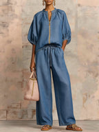 Women's Airy Two-Piece Set with Modern Collar and Zipper