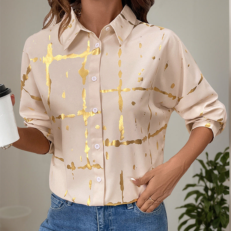 Elegant Long-Sleeve Blouse with Gold Foil Print