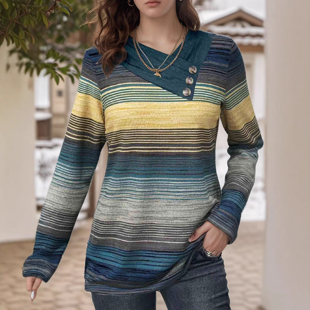 Women's Elegant Long-Sleeve Shirt with Modern Stripe Pattern and Button Details