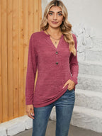 Women's Long-Sleeve Shirt with Button Placket and V-Neck