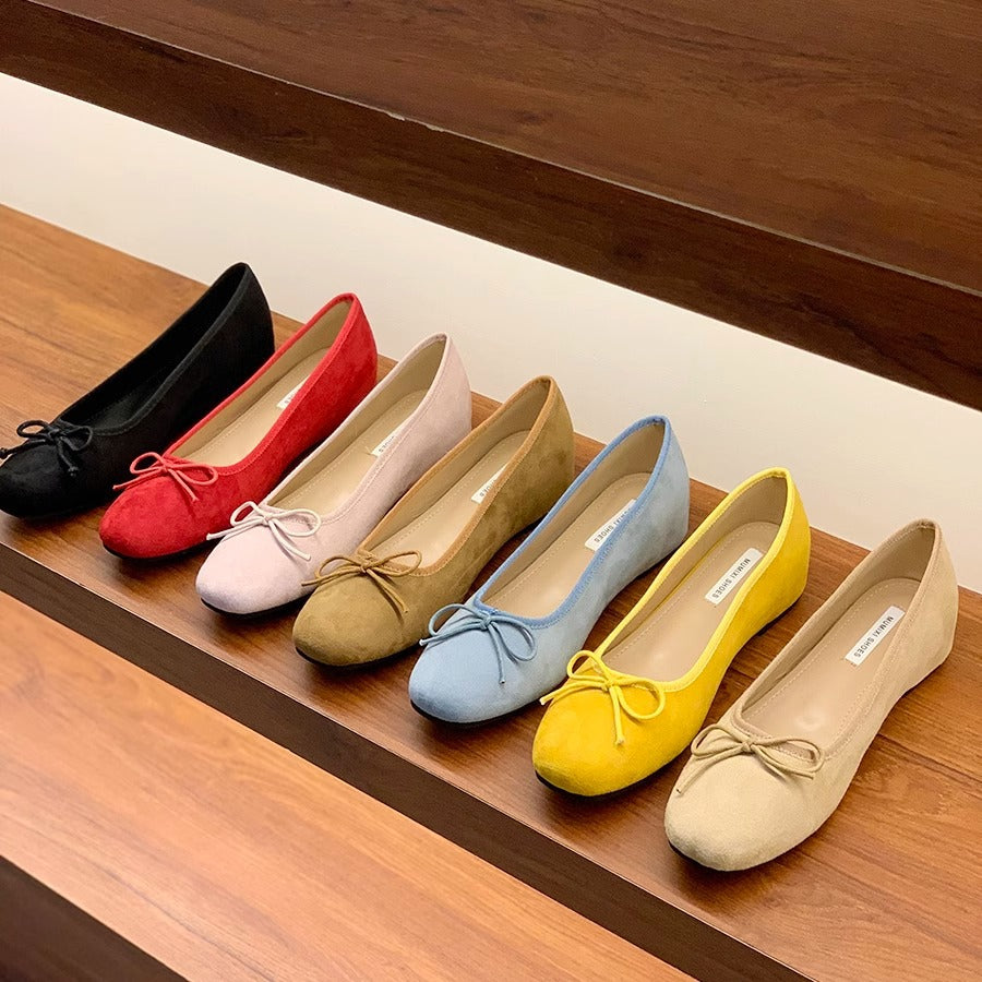 Women's Suede Ballet Flats with Playful Bow Detail