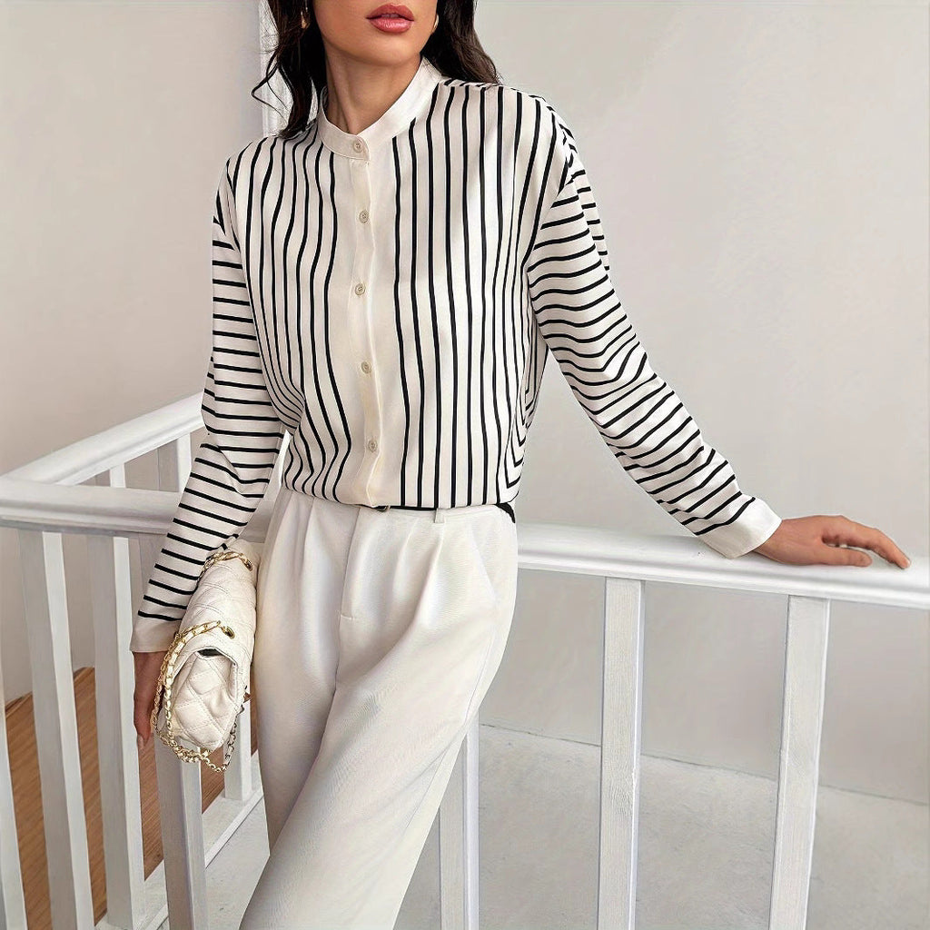 Button-Down Blouse with Vertical Stripes