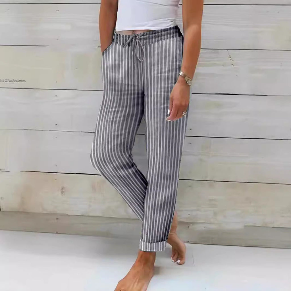 Women's Relaxed Cotton Striped Trousers with Adjustable Waist