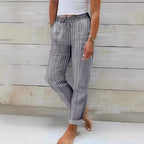 Women's Relaxed Cotton Striped Trousers with Adjustable Waist