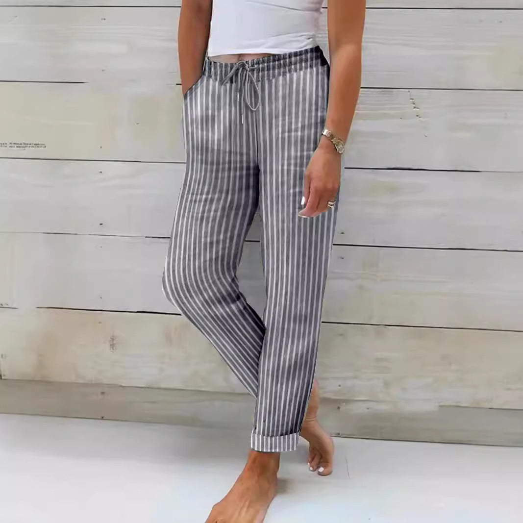 Women's Relaxed Cotton Striped Trousers with Adjustable Waist