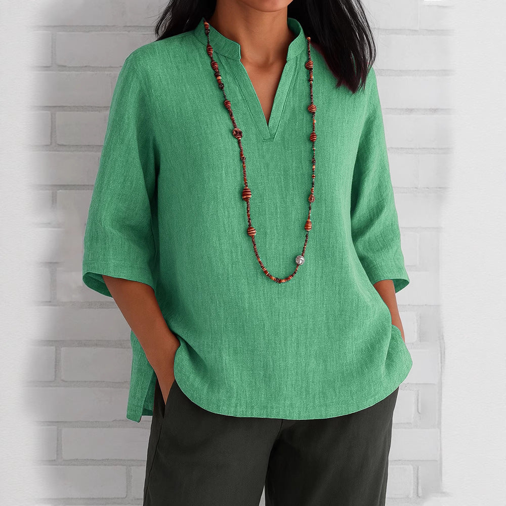 Casual V-Neck Blouse with Side Pockets