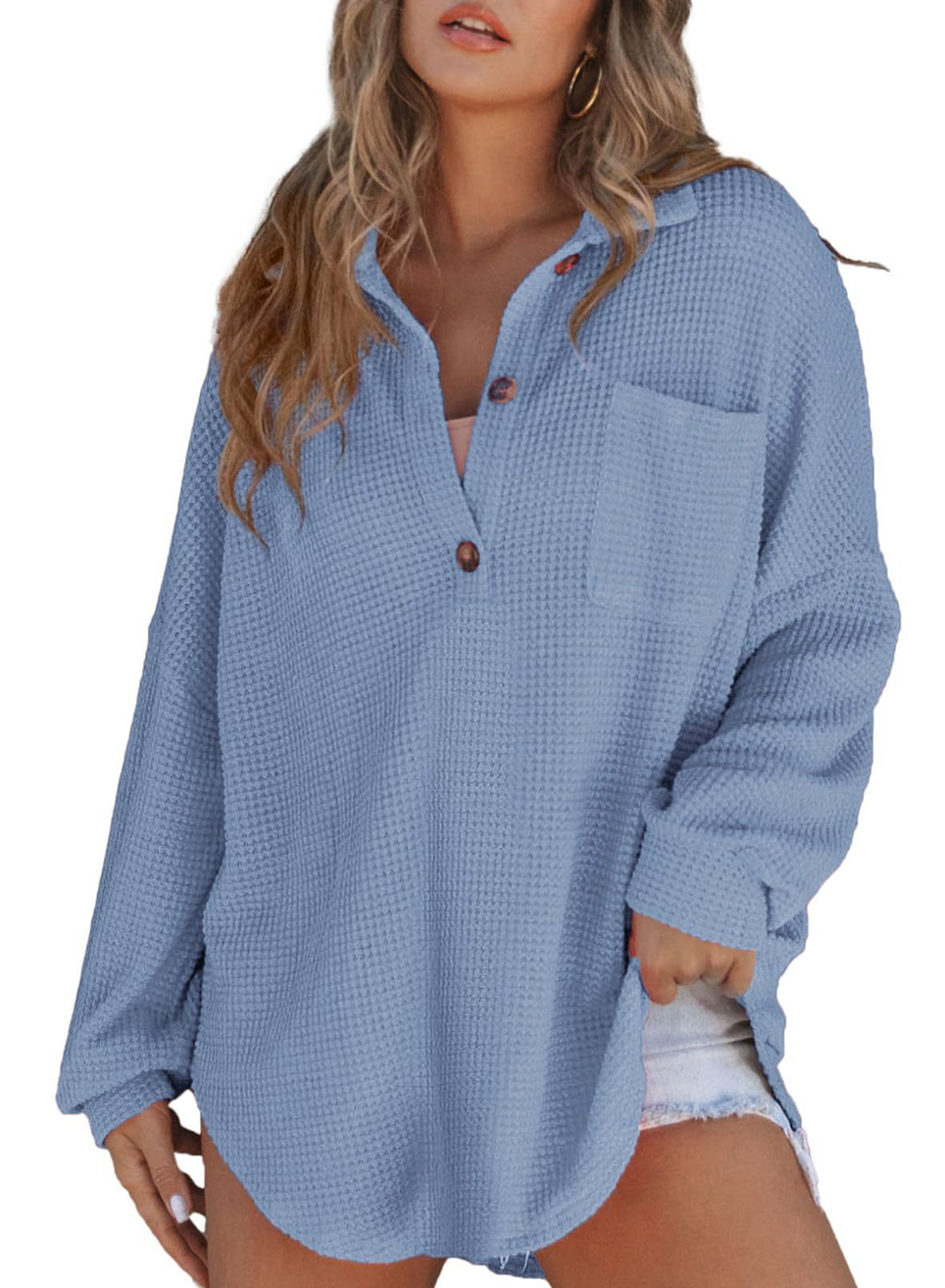 Women's Casual Waffle Texture Shirt with Button Placket and Chest Pocket