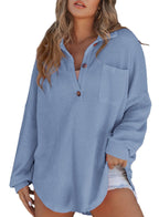 Women's Casual Waffle Texture Shirt with Button Placket and Chest Pocket