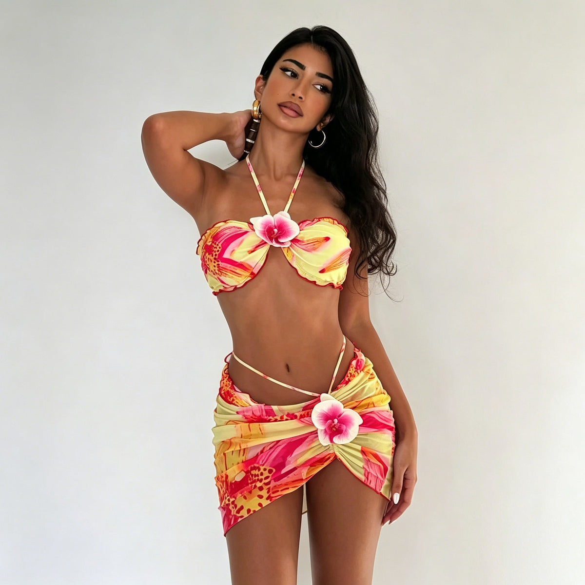 Women's Bandeau Bikini with Floral Wrap Skirt