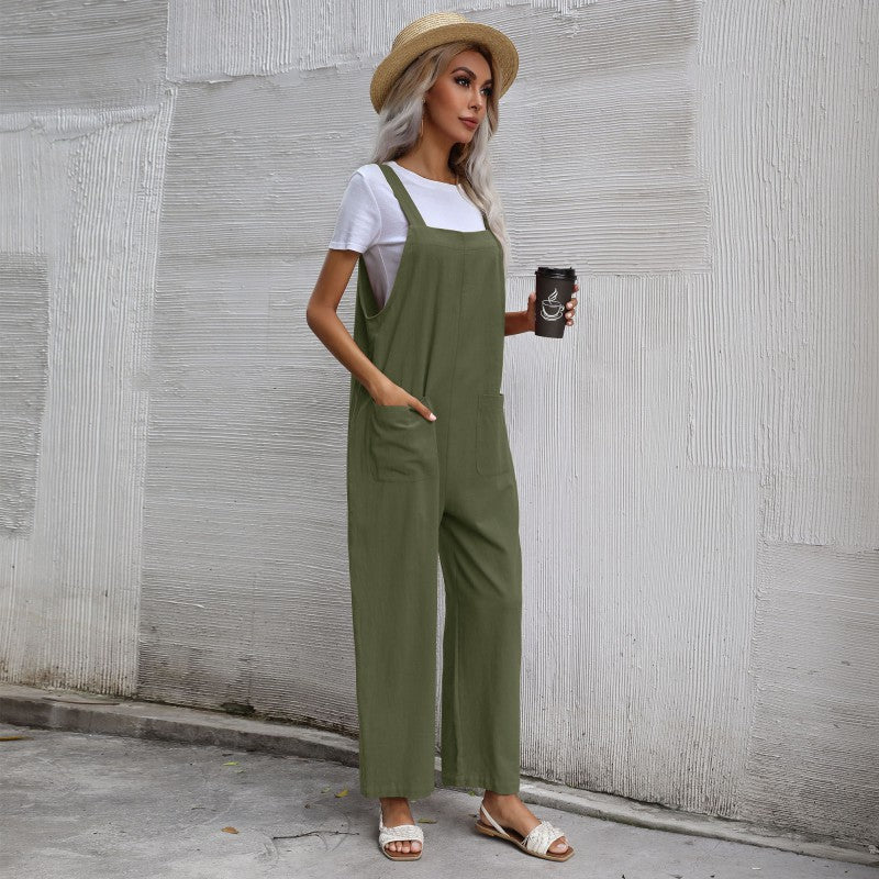 Women's Casual Jumpsuit with Pockets and Adjustable Straps