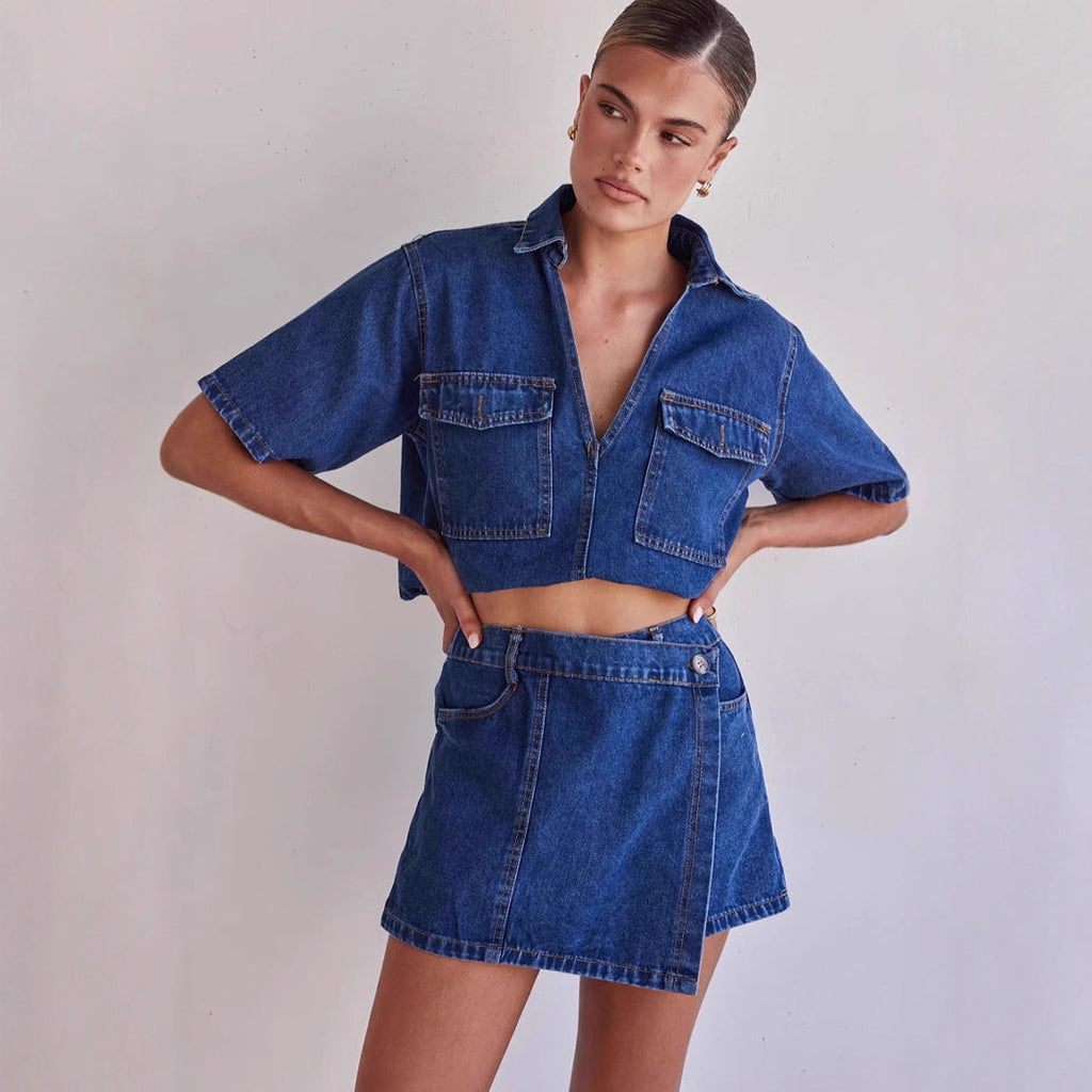 Denim Crop Shirt and Skirt Set