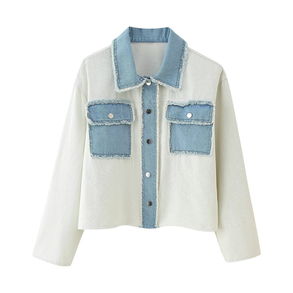 Women's Cropped Denim Jacket with Contrast Pockets and Frayed Hem