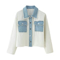 Women's Cropped Denim Jacket with Contrast Pockets and Frayed Hem