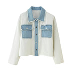 Women's Cropped Denim Jacket with Contrast Pockets and Frayed Hem