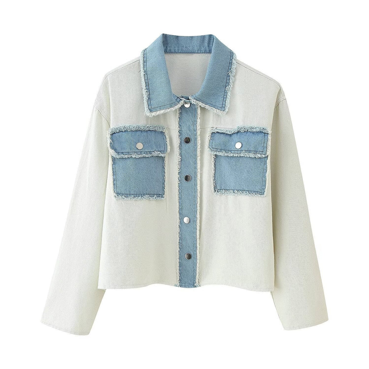 Women's Cropped Denim Jacket with Contrast Pockets and Frayed Hem