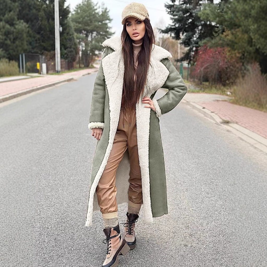 Women's Long Fleece Coat with Fold-Down Collar