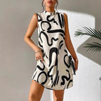 Women's A-Line Mini Dress with Modern Graphic Pattern and Stand-Up Collar