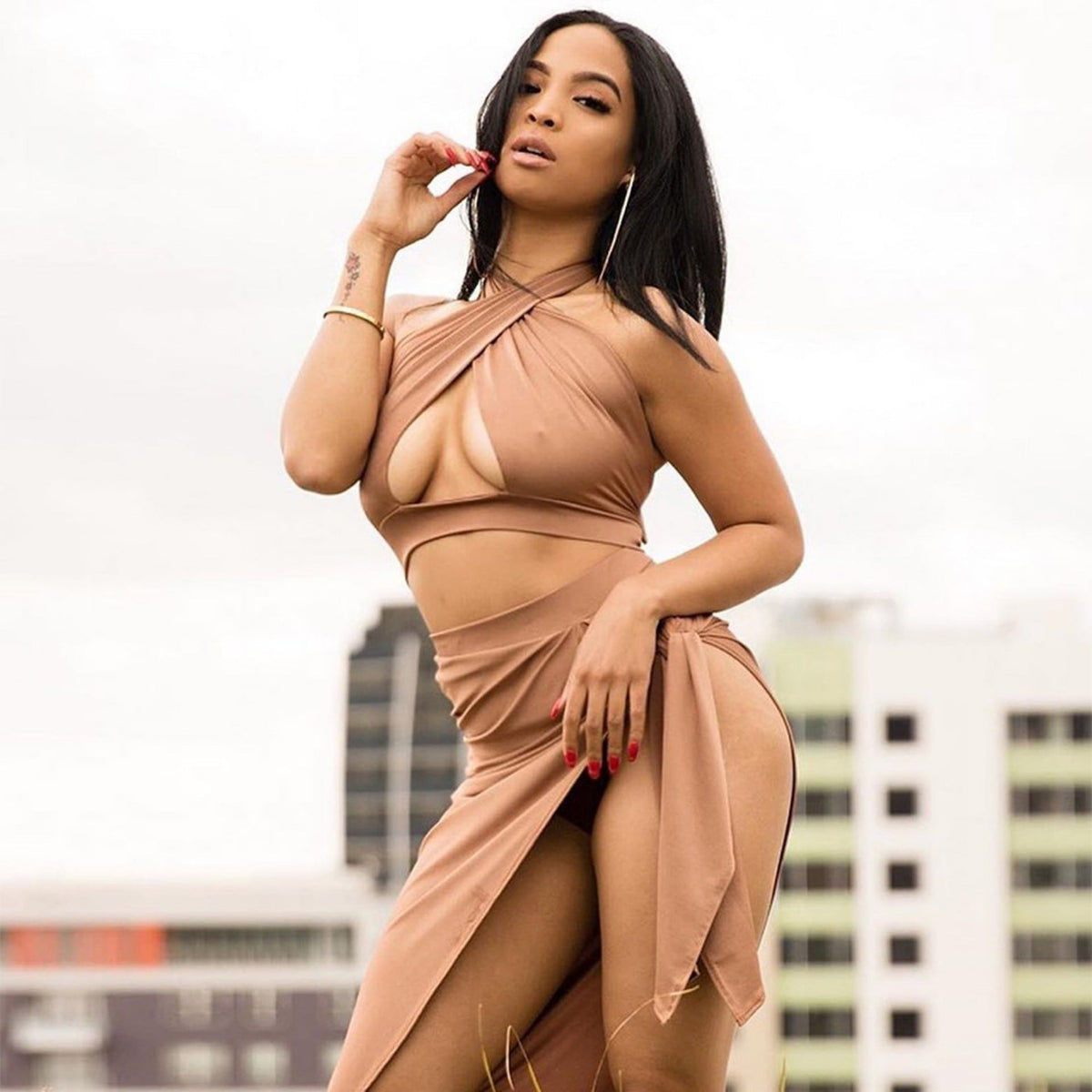 Elegant Cut-Out Wrap Dress with Deep Neckline