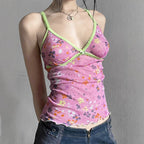 Women's Floral Spaghetti Strap Top with Ruffle Details