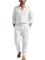 Men's relaxed linen set with open shirt collar and loose drawstring pants