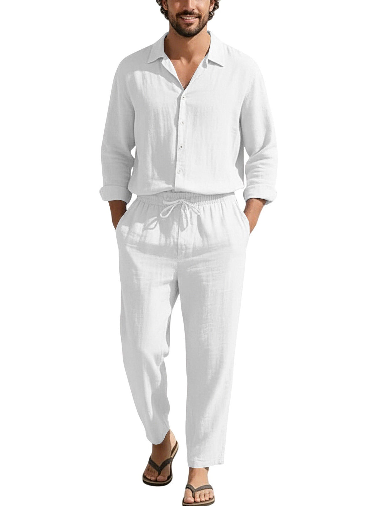 Men's relaxed linen set with open shirt collar and loose drawstring pants