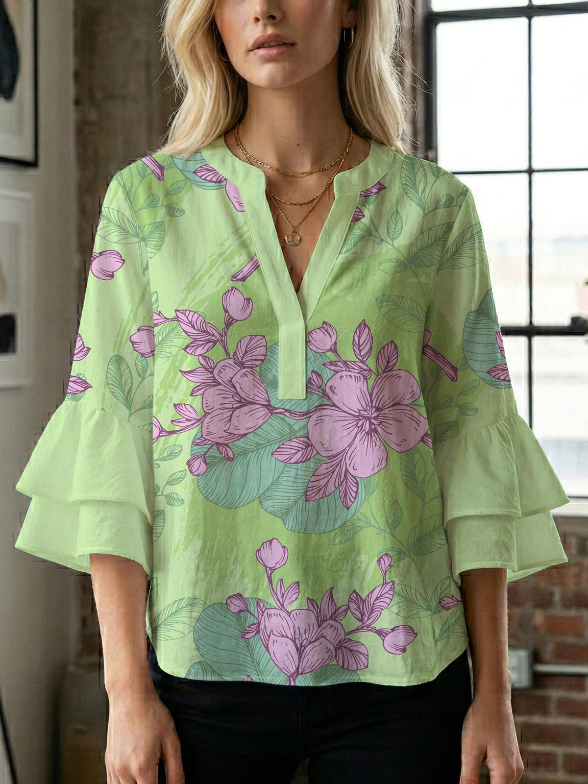 Women's Blouse with Voluminous Sleeves and Floral Design