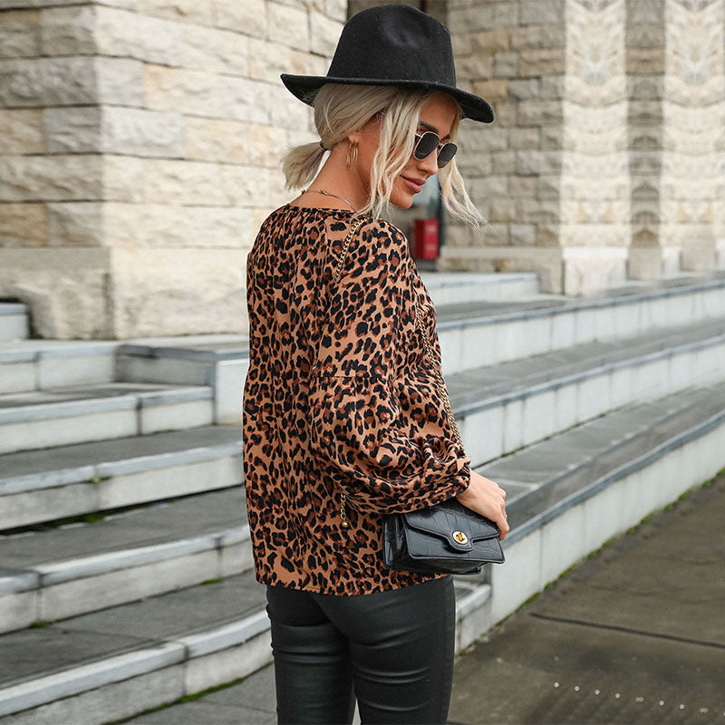 Women's Blouse in Trendy Animal Print with Casual Ruffle Sleeves