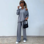 Women's Casual Relaxed-Fit Lounge Set with Wide Cut and Ribbed Design