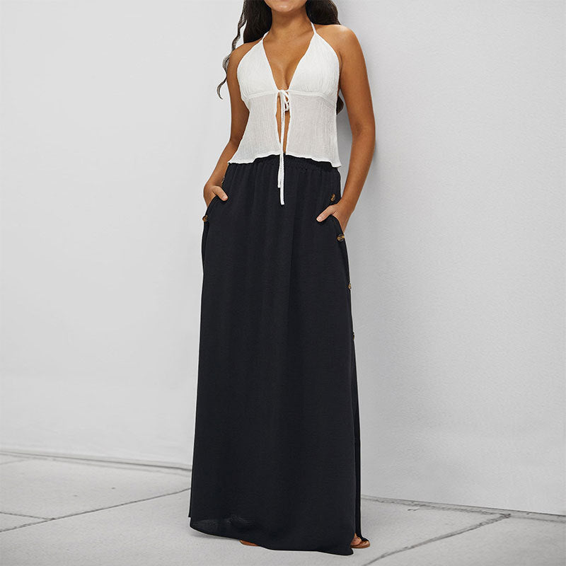 Women's Maxi Skirt with Side Buttons and Elastic Waistband