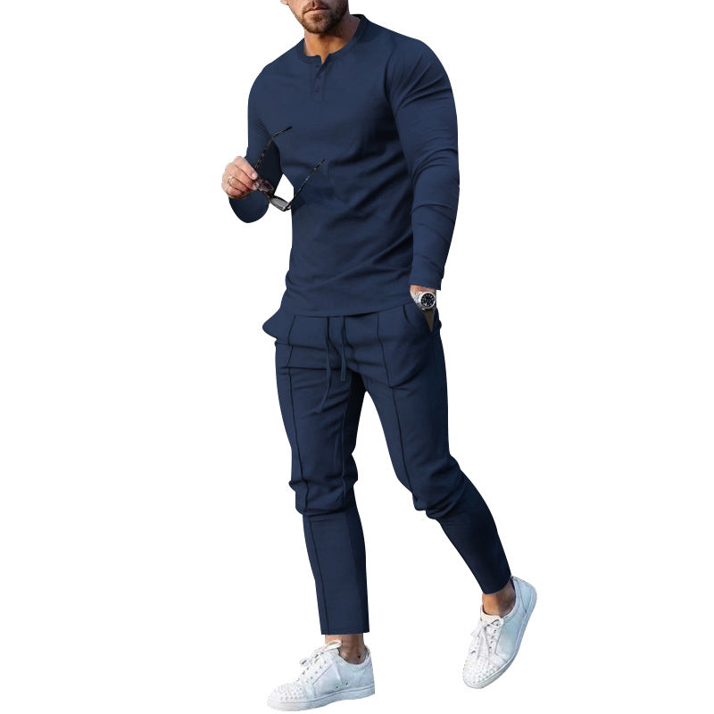 Men's nano athletic Henley long sleeve shirt and tapered jogging pants with decorative seams
