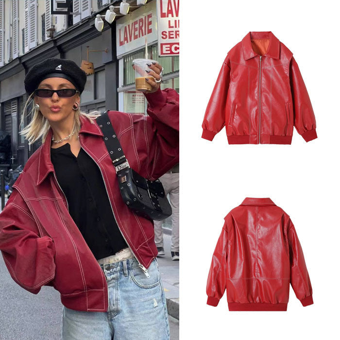 Women's Elegant Faux Leather Jacket with High Collar and Elastic Cuffs