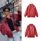 Women's Elegant Faux Leather Jacket with High Collar and Elastic Cuffs